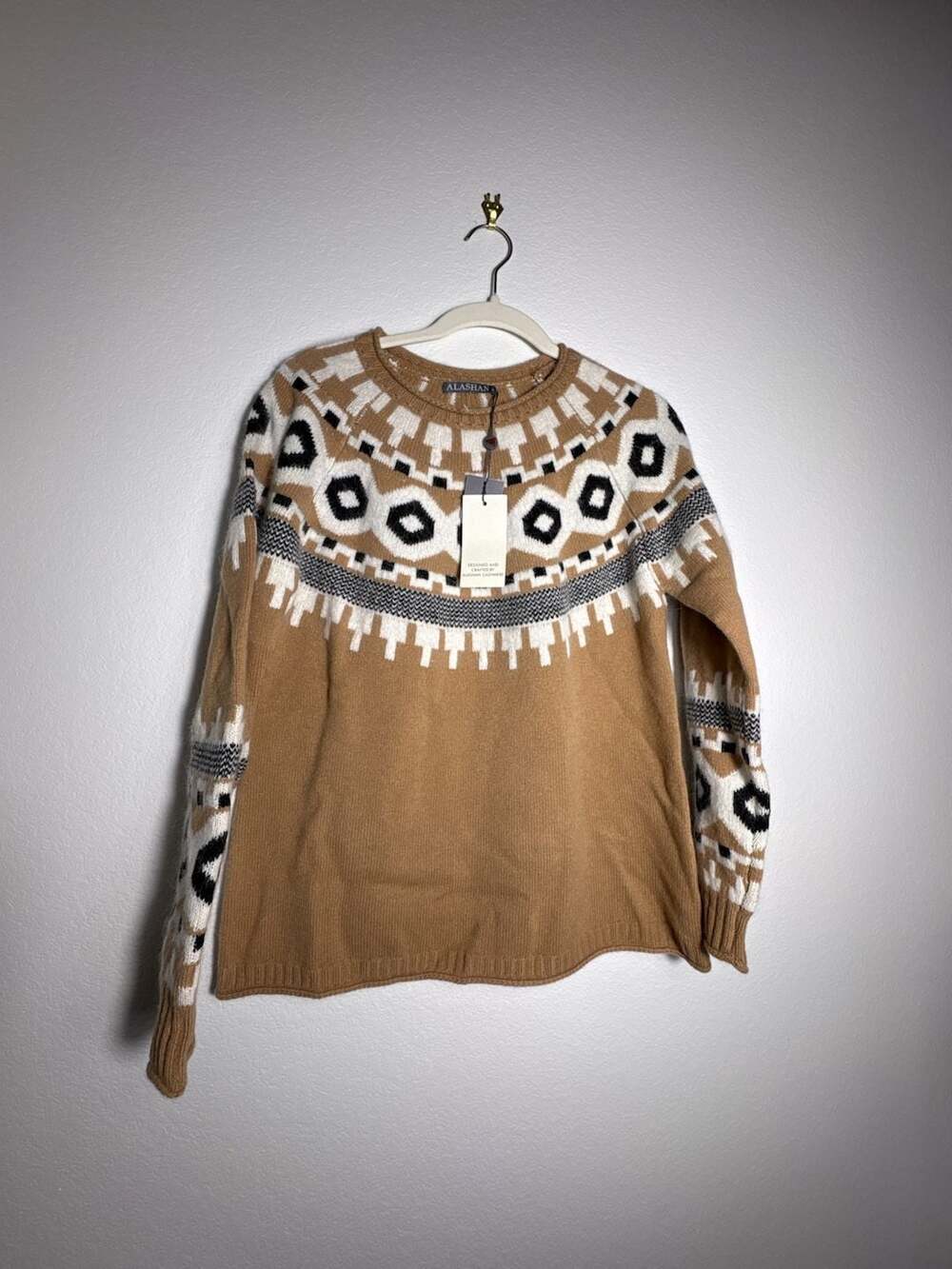 Alashan Cashmere Fair Isle Sweater Tan White Black Size M - Picture 6 of 10